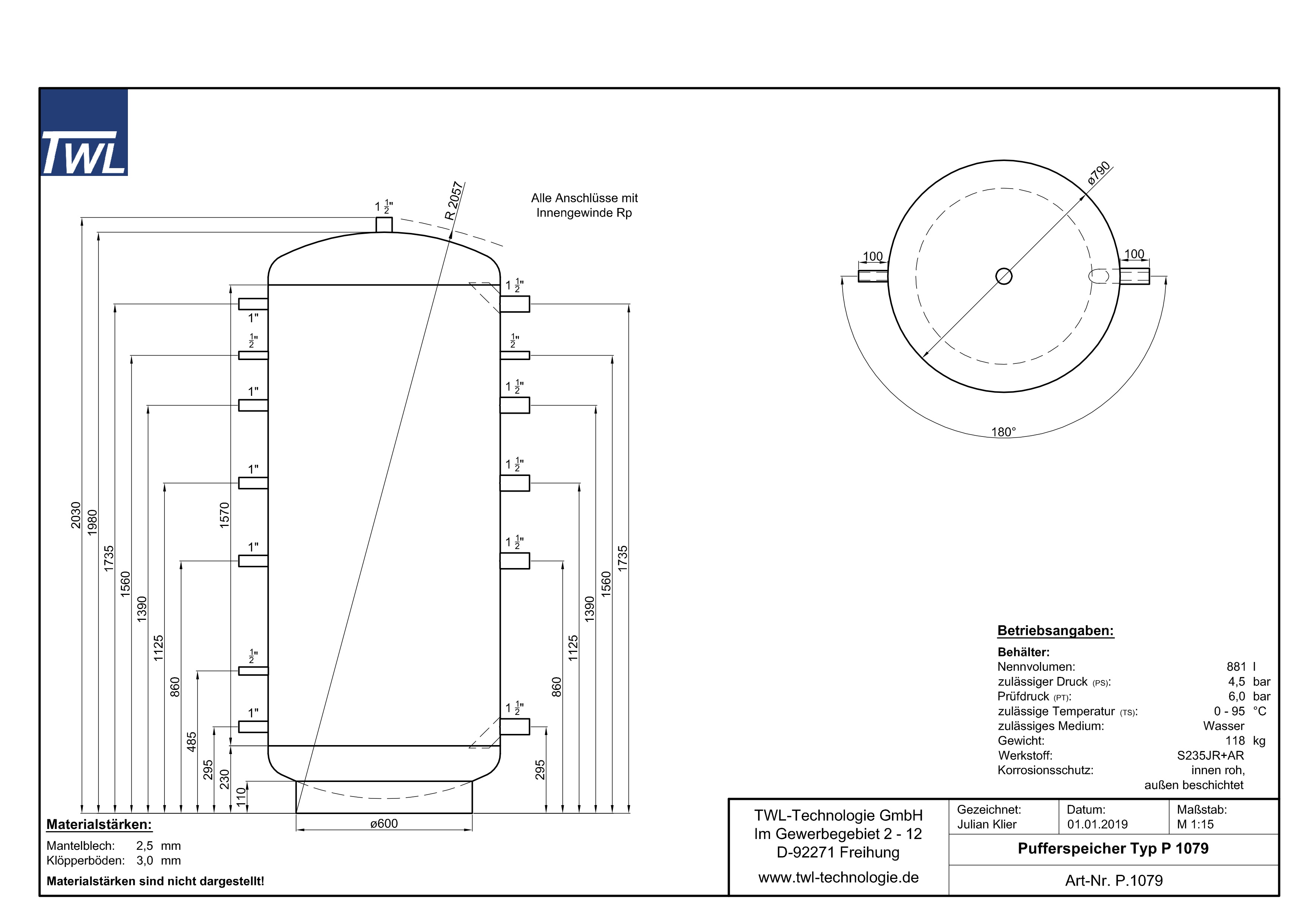 P-1079-Datenblatt TWL Pufferspeicher P 1000 Liter - ÖkoLine-A Isolierung - Ø 79cm