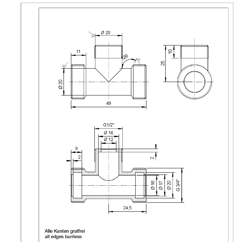 Reduziertes T-Stück flachdichtend 3/4" x 1/2" x 3/4" aus Messing, Ideal für Heizung und Solar, Außengewinde mit breiter Dichtfläche, für Edelstahlwellrohre und Solarleitungen Reduziertes T-Stück flachdichtend 3/4" x 1/2" x 3/4" aus Messing, Ideal für Heizung und Solar, Außengewinde mit breiter Dichtfläche, für Edelstahlwellrohre und Solarleitungen