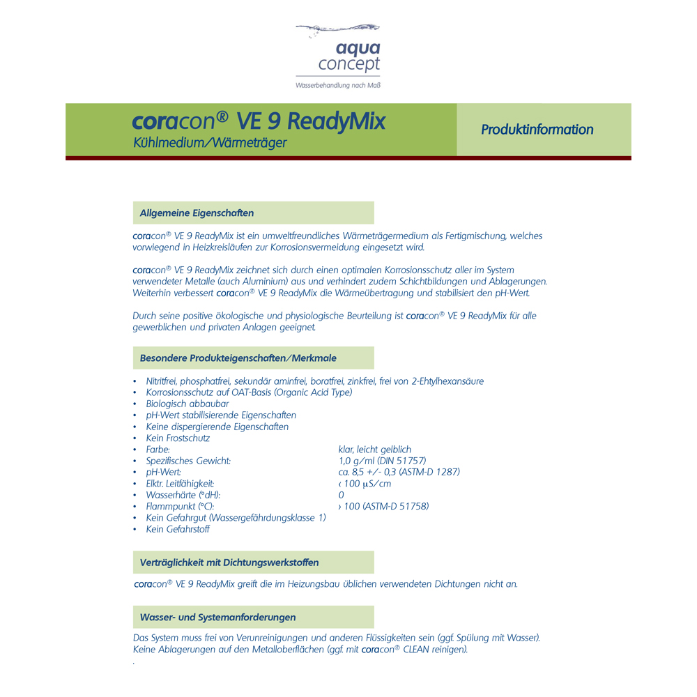 coracon® VE 9 ReadyMix – Gebrauchsfertiges Heizungswasser VE-Basis Korrosionsschutz VDI 2035 konform für salzarme Fahrweise