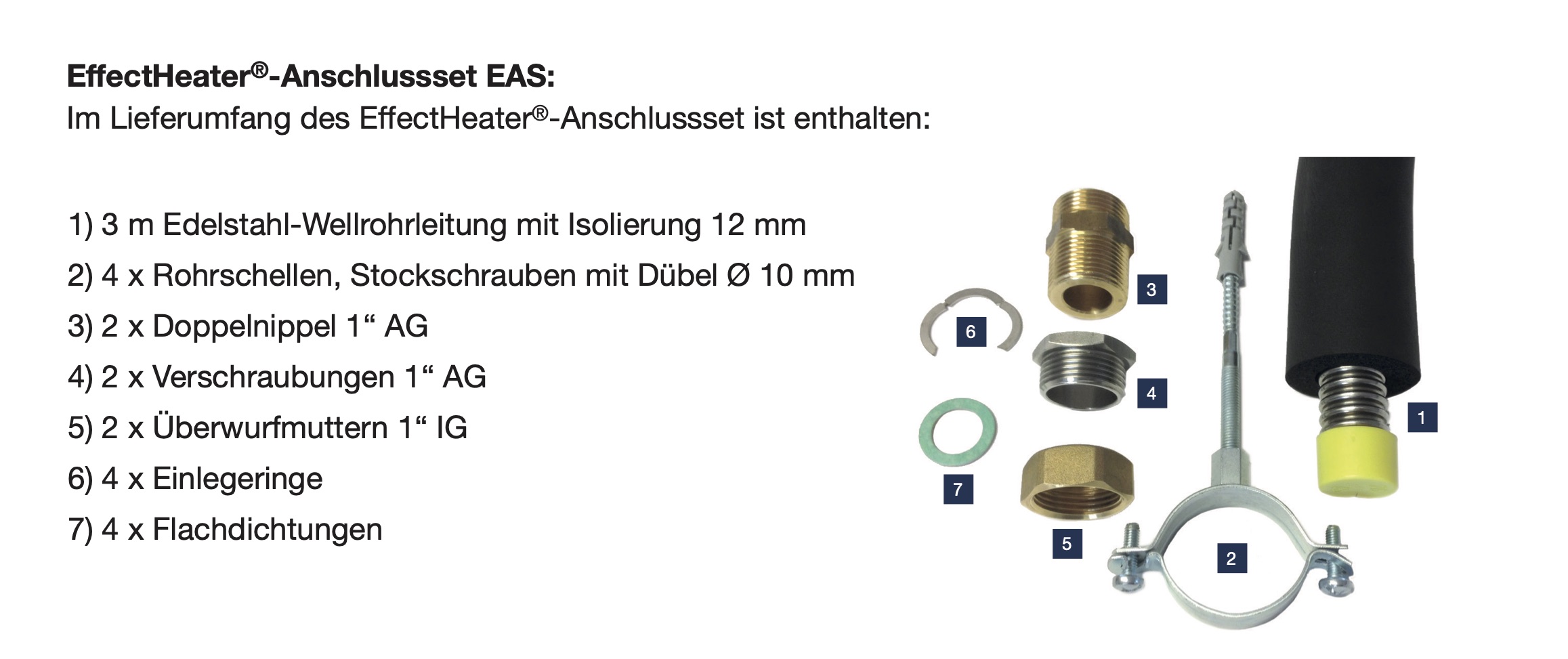 EAS-001 19-teiliges EffectHeater Anschluss-Set EAS - Edelstahl-Wellrohr + Fittings 1"