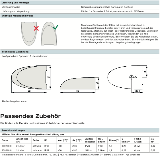Außentemperaturfühler PT1000 Basic, IP44, für Heizungs- & Wärmepumpensteuerung