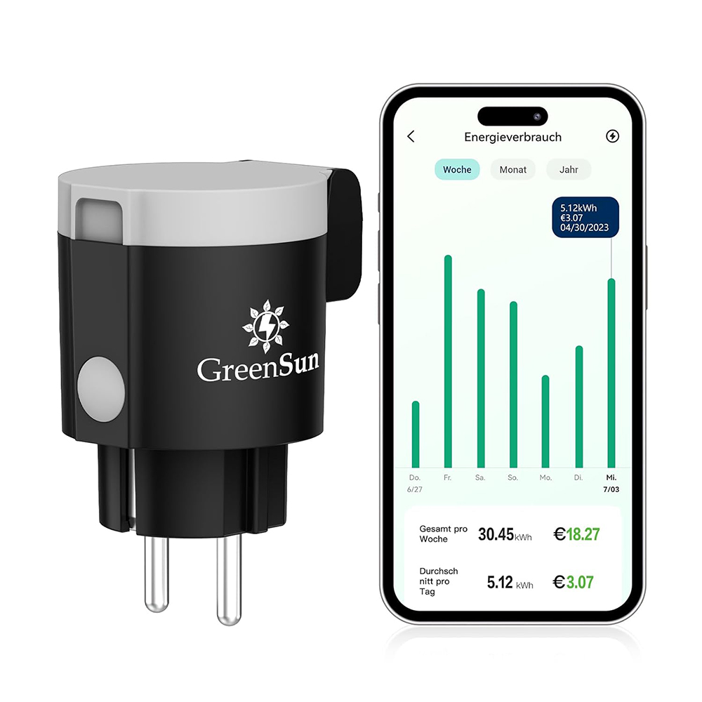 GreenSun WLAN Außensteckdose mit Strommessung – IP44 Wasserdicht – Zeitschaltuhr, App-Steuerung & Sprachsteuerung – Ideal für Balkonkraftwerke GreenSun WLAN Außensteckdose mit Strommessung – IP44 Wasserdicht – Zeitschaltuhr, App-Steuerung & Sprachsteuerung – Ideal für Balkonkraftwerke