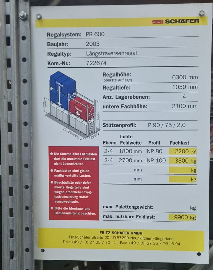 SSI SCHÄFER PR 600 Palettenregal – Grundfeld H 6300 mm, 3 Traversen, Feldlast 9.900 kg