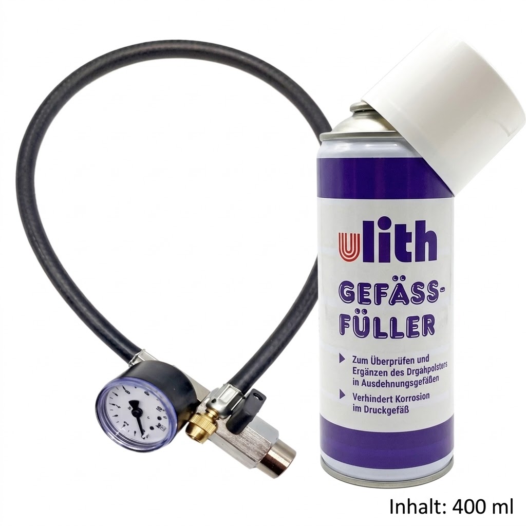 MAG Gefäßfüller 400 ml inkl. Druckflaschen-Adapter mit Manometer – für Membran-Ausdehnungsgefäße, 60 cm PVC-Schlauch