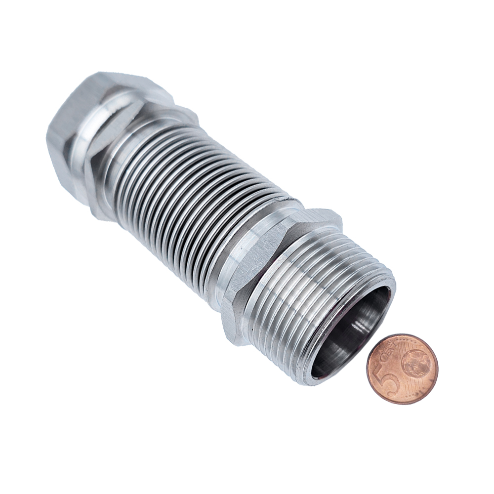 Edelstahlwellrohr 1 1/4" IG/AG – ausziehbar 110–210 mm – Edelstahl AISI 316L – formstabil, flexibel, inkl. Dichtungen – für Heizung, Solar, Industrie