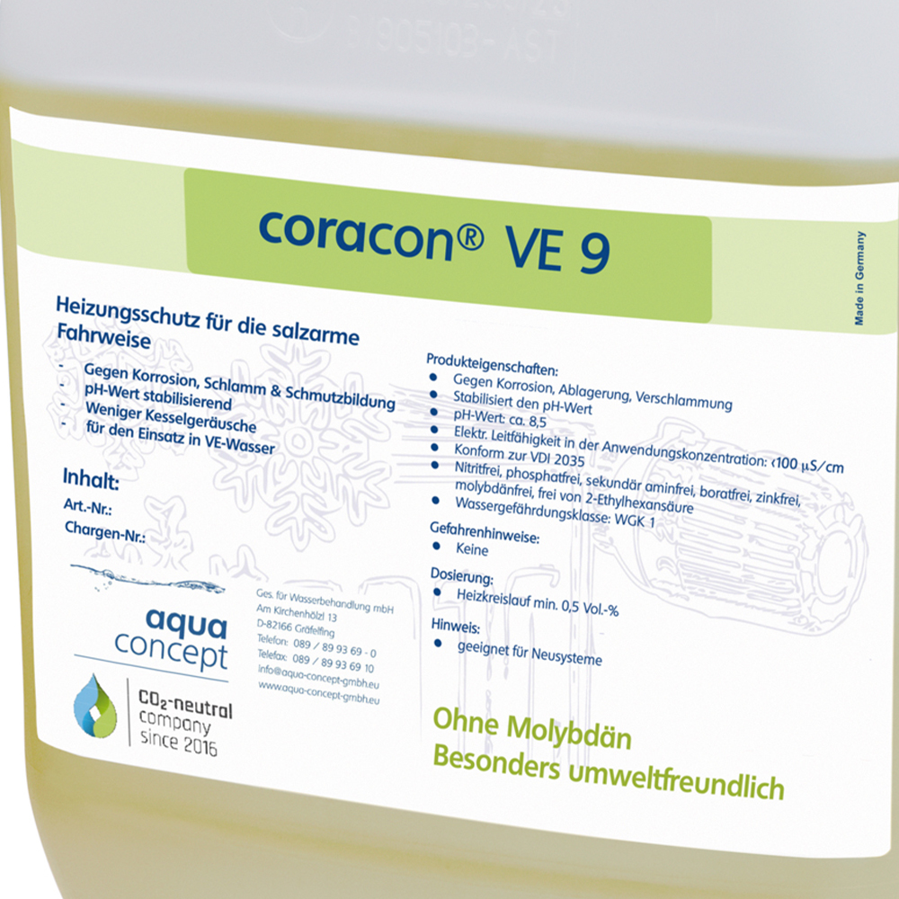 10 Liter coracon® VE 9 Heizungsschutz Konzentrat – CO₂-neutrales Korrosionsschutzmittel für salzarme Fahrweise, pH-Stabilisierung, Leitwertoptimierung & Schutz aller Metallarten